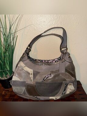 Vtg Coach Patchwork Shoulder Bag in Taupe, Black  & Cream leopard Y2K